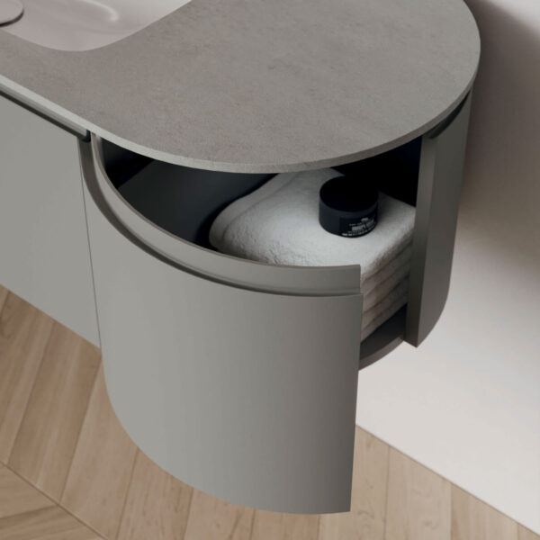 Gewölbte Abschlussschränke mit Türen in vier Modellen; Kante der Seitenwand mit 2,6 cm Radius